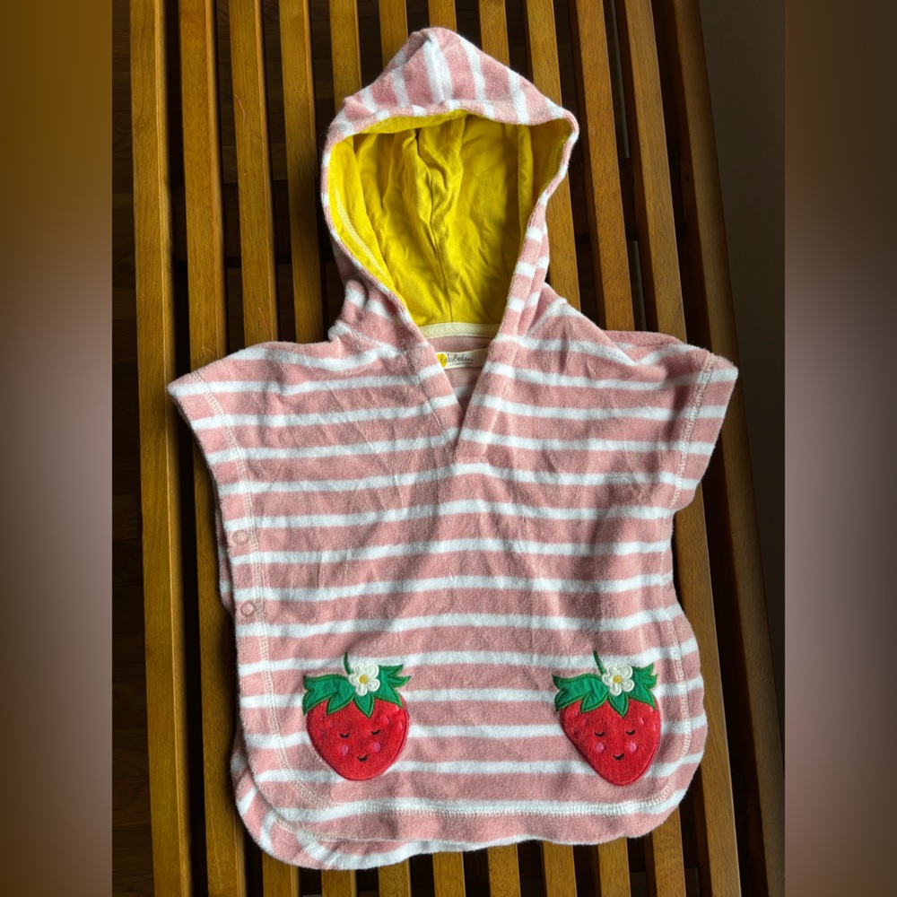 Mini Boden Striped Hooded Towel coverup with Strawberry Pockets size 3-6 months